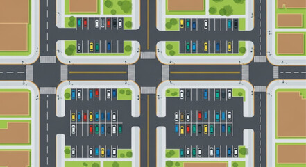Aerial view of a city intersection with parking lots and roads. © Siala Ban