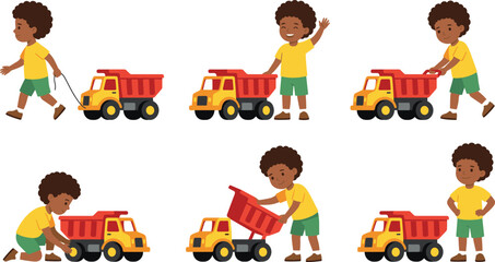 Cute Kid Playing with Toy Dump Truck Cartoon Character Set, Happy Child Pushing, Lifting, and Smiling in Fun Activity Vector Illustration Collection © MdRoni