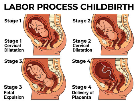 Labor Process Childbirth Stages Diagram: Cervical Dilatation, Fetal Expulsion, and Placenta Delivery Medical Illustration