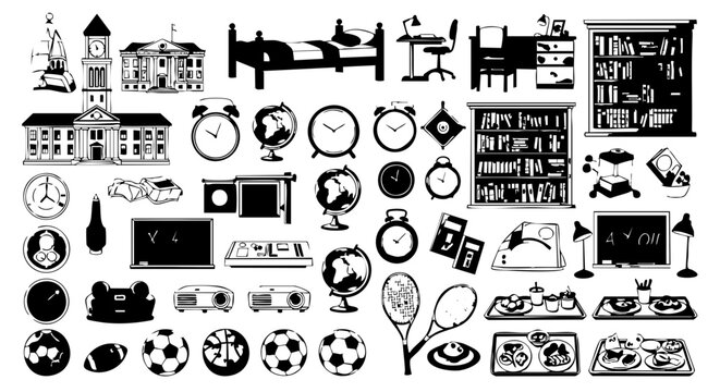 Black-and-white icon collection showcasing diverse objects like buildings, sports, and household items.