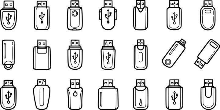 Technology USB Flash Drive Line Art Icons Set. Outline Memory Sticks and Thumb Drives for Data Storage and Digital Devices.