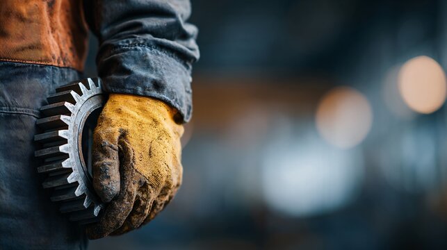 Industrial worker handling metal gear in workshop focused environment close-up viewpoint for machinery concept