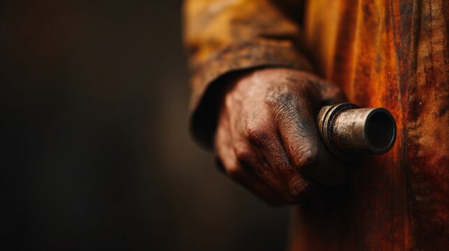 Gritty industrial worker with oil-stained hand holding tool workshop environment close-up photography