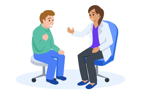 Female doctor Consulting Patient with Chest Pain in Clinic Flat Vector Illustration