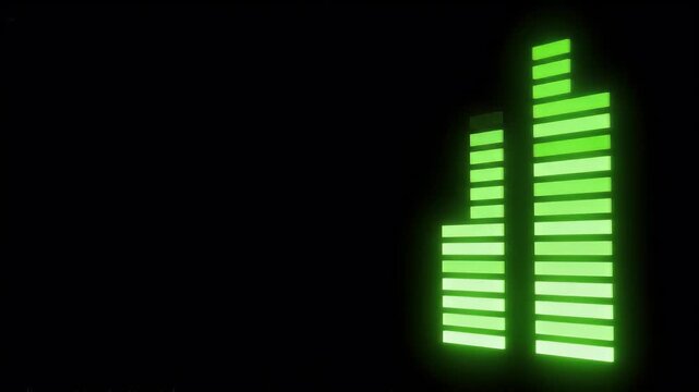 Abstract representation of a digital equalizer or audio spectrum analyzer with bright green bars against a dark background, symbolizing sound or music technology