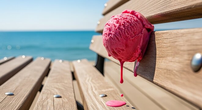 A sticky scoop of melting ice cream slumps over a wooden bench on a sunny boardwalk, dripping under the heat with the blue sea in view, food, coast, wooden