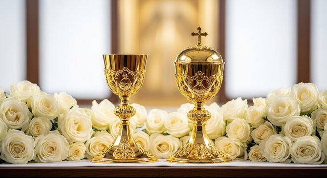 An ornate golden chalice and ciborium rest on a church altar surrounded by fresh white roses, representing a solemn religious ceremony, gold, chalice, sacred