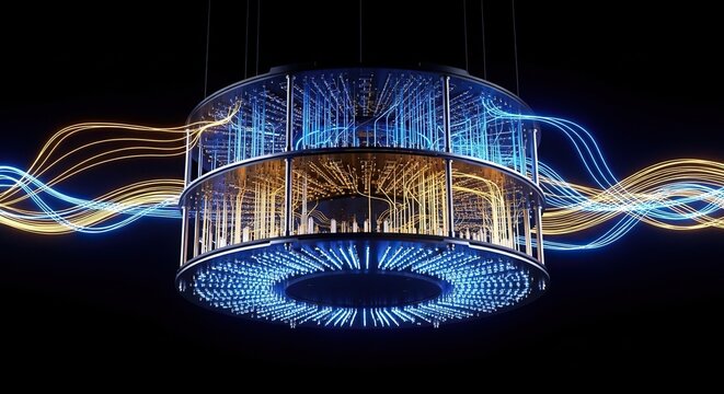 An intricate quantum processor illuminated by glowing blue and gold light paths representing entanglement and superposition in a dark void, microchip, storage, hardware