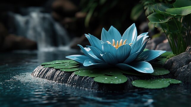 Blue lotus flower on rock, waterfall backdrop