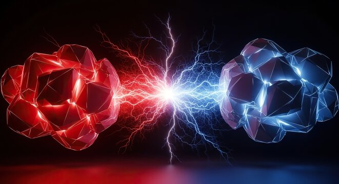 Glowing red and blue abstract geometric forms confront each other amidst a surge of electric lightning bolts and vibrant energy sparks, abstract, lightning, sparks