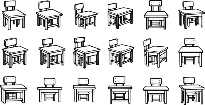 Education Classroom Furniture Black and White Line Art Isometric Vector Set of School Desks and Chairs for Learning and Study