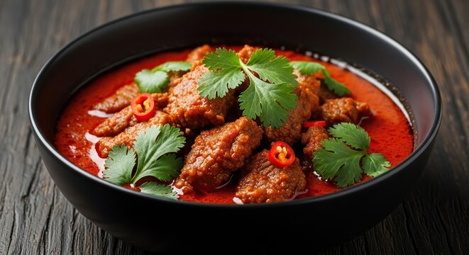 Slow cooked spicy red curry with tender meat chunks and fresh cilantro served in a modern matte black bowl on a dark rustic wooden surface, culinary, coriander, close-up