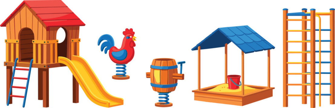 Children playground equipment set with slide house, sandbox, spring riders, and climbing frame illustrating outdoor play area, kids activity, and vector illustration