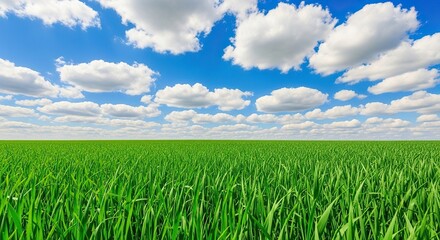 Obraz premium Vibrant green meadow under a bright blue sky filled with fluffy white clouds on a sunny summer day in a peaceful agricultural countryside, peaceful, sunny, outdoors