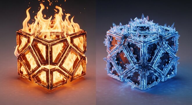 Two glowing geometric cubes sit side by side, one radiating intense orange flames and the other encased in frozen blue crystalline frost, reflection, cube, energy