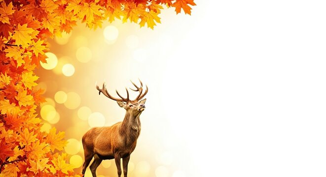 Vibrant orange and yellow autumn leaves frame the left side, transitioning into glowing golden bokeh circles and a soft blurry gradient, seasonal, light, serene