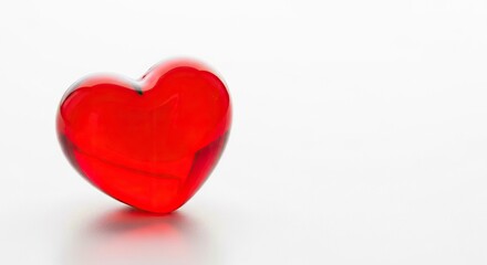 Fototapeta premium A beautiful red glass heart sits elegantly on a pure white surface, featuring soft reflections and a translucent, glossy finish for love, gloss, symbol, romance