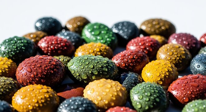 Vivid multi-colored river pebbles lie scattered under brilliant natural sunlight, showcasing smooth textures and sparkling water droplets, sunbeam, blue, abstract