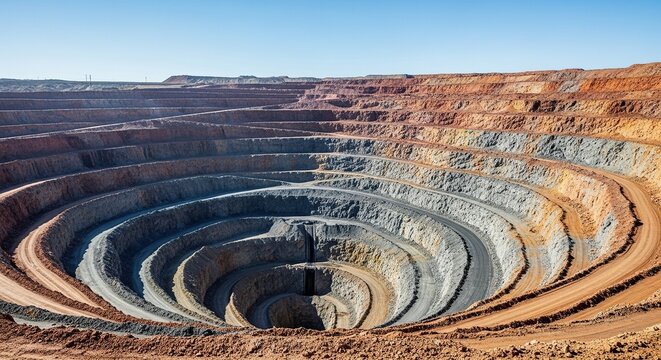 Wide angle view of a massive open pit diamond mine featuring terraced excavation walls and exposed kimberlite pipe deep in the earth, layers, core, pipe