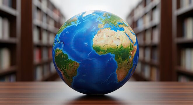 A blue and green realistic globe sits on a dark wooden desk with soft light and a blurry library background, showing continents and oceans, shadow, study, professional