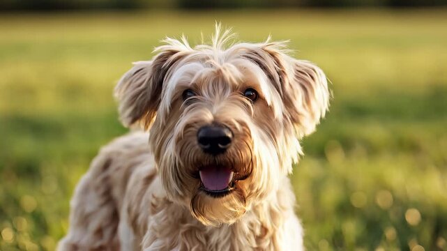 Adorable fluffy dog with happy expression in a sunny field.