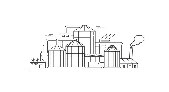 Industrial factory complex with silos and smoke stacks illustration.
