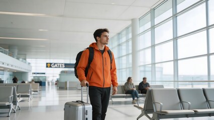 Fototapeta premium Man with suitcase in airport terminal
