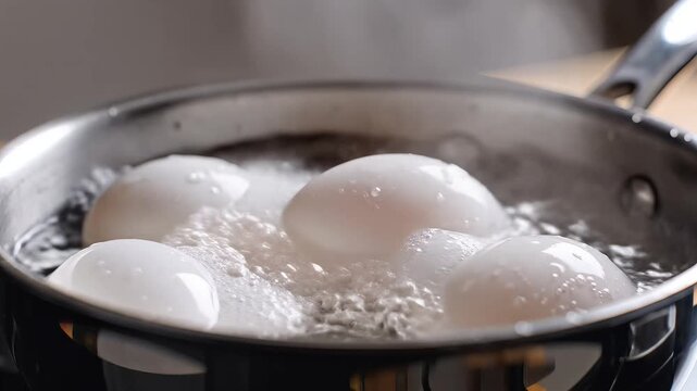Closeup of white eggs boiling in a pot of bubbling water.