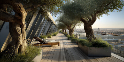 Obraz premium Sunset scenic promenade. Wooden walkway above city with olive trees and sunset light