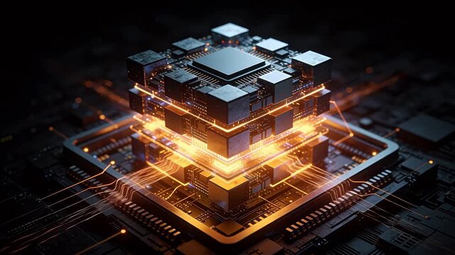 Futuristic pyramid chip structure with glowing golden circuits