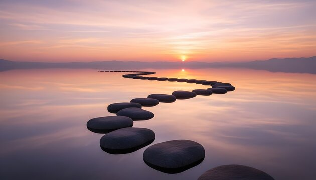Stepping stones cross calm water surface at sunset. Serene pathway leads toward horizon as sun sets over still ocean. Peaceful journey ahead towards new dawn. serene Natural Journey & Personal Growth