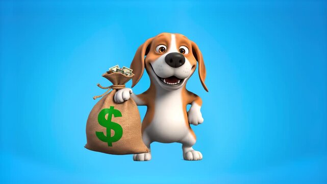 A happy 3D beagle dog character holding a money bag with a dollar sign, dancing joyfully. High-quality 3D render on a bright cyan background for financial or success themes.