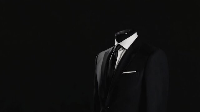 A headless man in a black suit with a white shirt and tie, standing in the dark