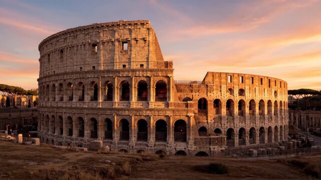 Majestic Colosseum in Rome at Sunset with Golden Light.