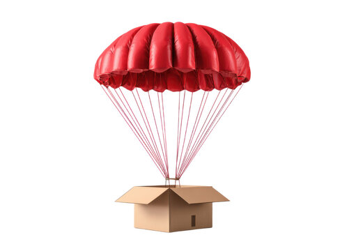 Red parachute emerging from a cardboard box
