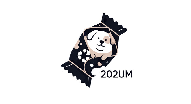 Adorable puppy peeking out of a cute candy wrapper illustration.