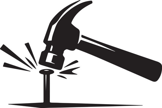 Black hammer hitting nail Vector