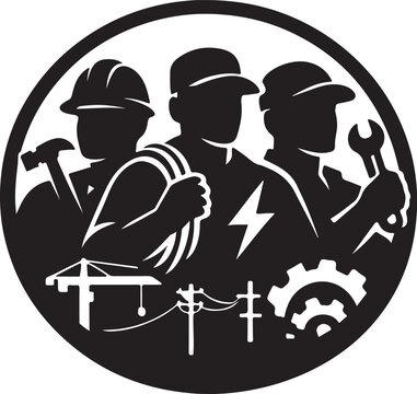 Black silhouette of three workers with tools and electricity symbols Vector