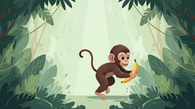 Cartoon monkey running with banana in jungle environment