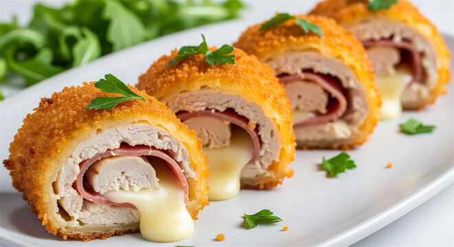 Crispy chicken cordon bleu rolls with melted cheese and ham, golden fried breaded poultry appetizers, gourmet dinner entree on white plate