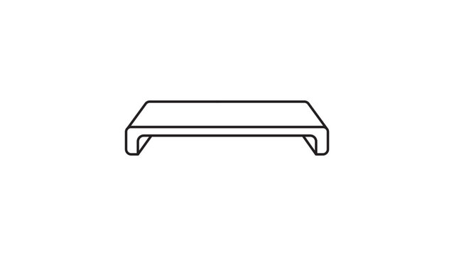 Minimalist black line vector icon of a monitor stand or laptop riser on a white background. This clean outline illustration represents a raised platform for ergonomic desk organization.
