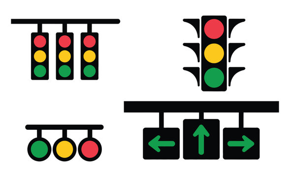 Traffic lights illustrations for any purpose, isolated object set, green yellow and red stoplights with green arrow direction icon