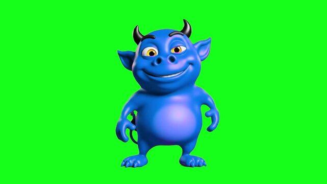 A friendly 3D animated blue monster with horns performing a high-energy dance. Isolated on a chroma key green screen, this asset is perfect for kids' entertainment, brand mascots, and mobile game prom