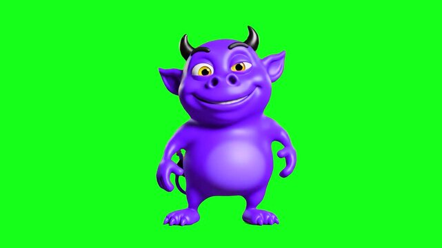 A friendly 3D purple creature character with small horns, performing a happy dance and smiling, isolated on a green screen for background removal.