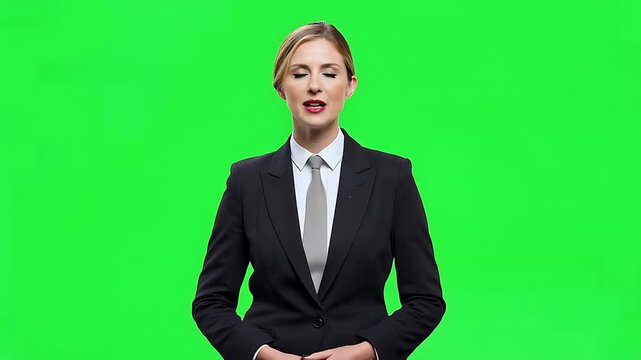 Female presenter in business suit speaking on chroma key green screen for easy background replacement