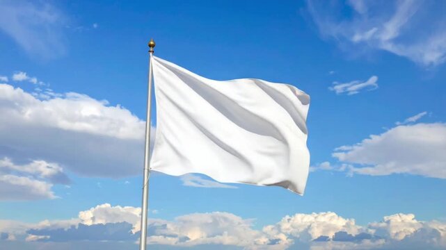 White flag waving against a vibrant blue sky with fluffy clouds