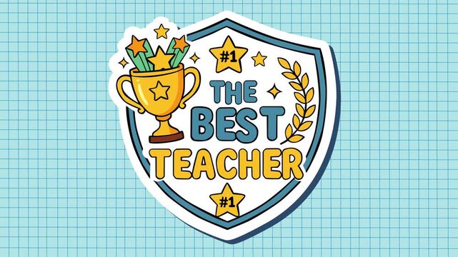Best teacher badge featuring a trophy, stars and laurel on a grid background, celebrating excellence in education, achievement, and appreciation for outstanding teachers and classroom dedication.