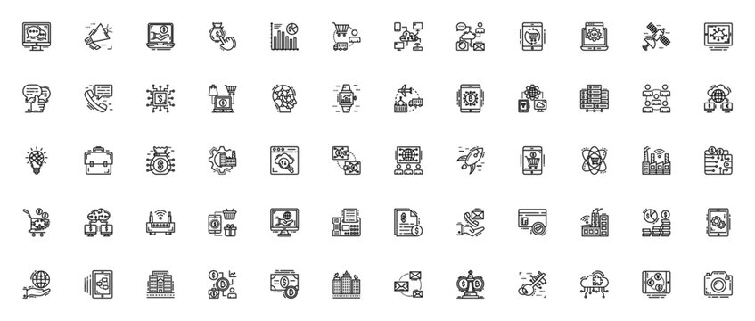 Digital Economy icon set. Vector icons pack for online chat, shopping, AI, cryptocurrency, cloud computing, business growth and global networking. Editable stroke.