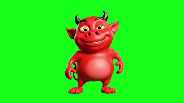 A friendly 3D red creature character with small horns, performing a happy dance and smiling. High-quality 3D render isolated on a green screen for background removal.
Tags: