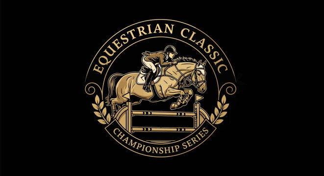 Equestrian Classic Championship Series Horse Jumping Emblem.